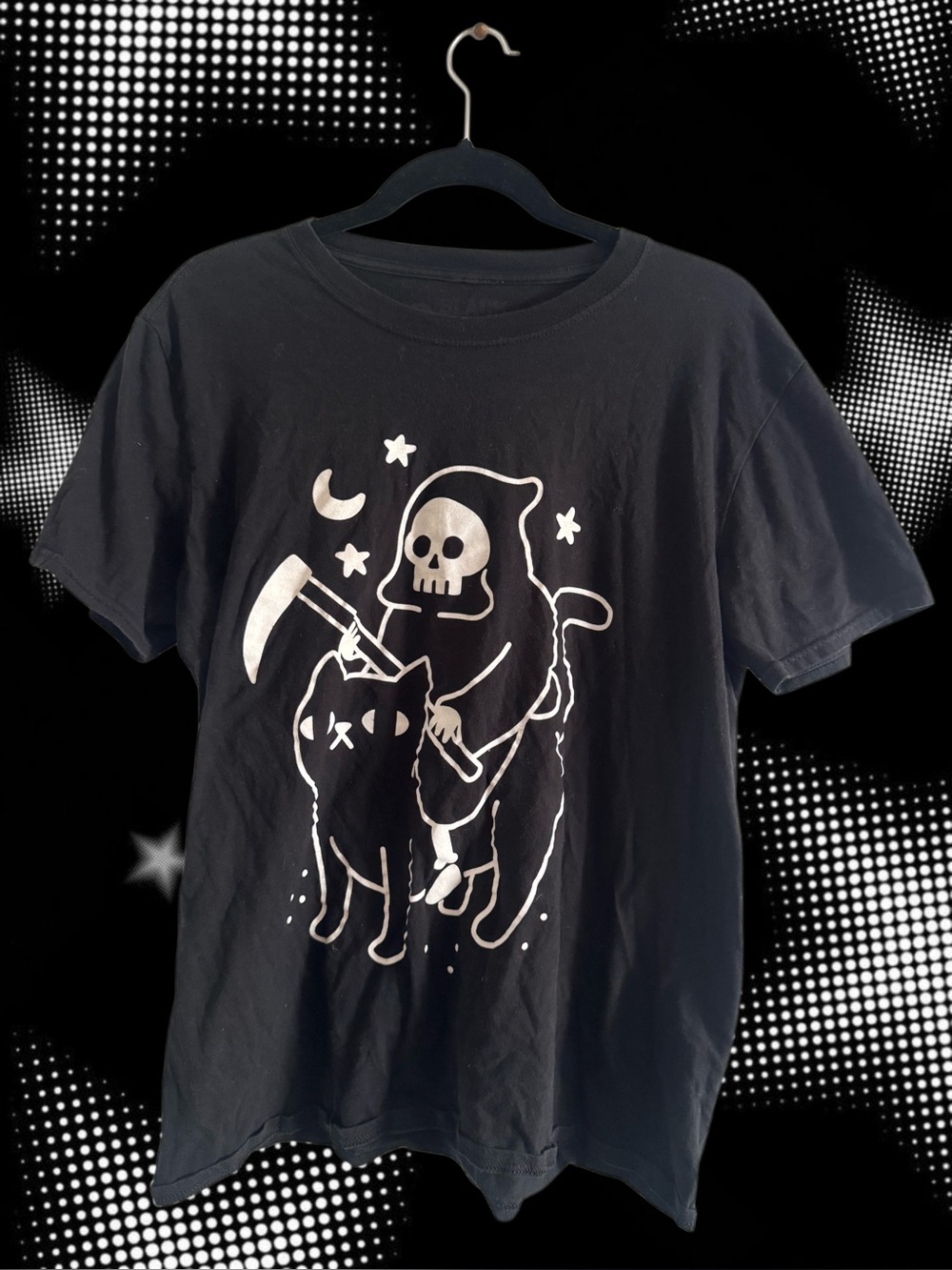 Hot Topic Black Graphic Tee with Grim Reaper Cat Design